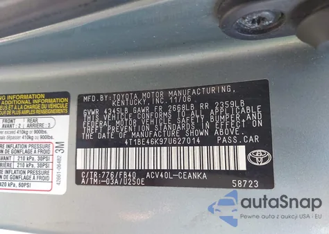 2007 Toyota Camry Le из США, поврежденный, VIN 4T1BE46K97U627014